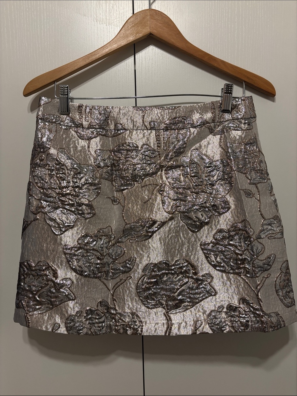 Metallic Silver Floral Jacquard 70s Mini Skirt - S